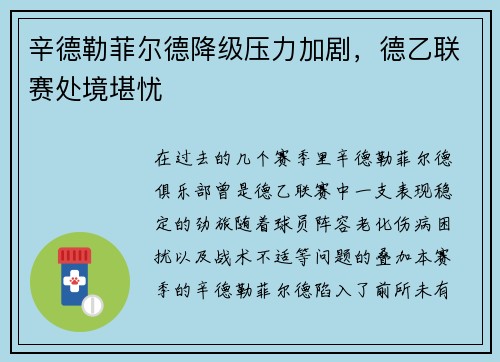 辛德勒菲尔德降级压力加剧，德乙联赛处境堪忧