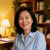 初二学员家长李女士头像照片，一位微笑着的中年女性，背景是家中书房。