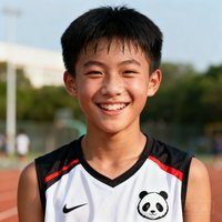 暑期集训营学员小陈，一名初三男生在完成训练后露出开心笑容，身穿熊猫体育训练服。